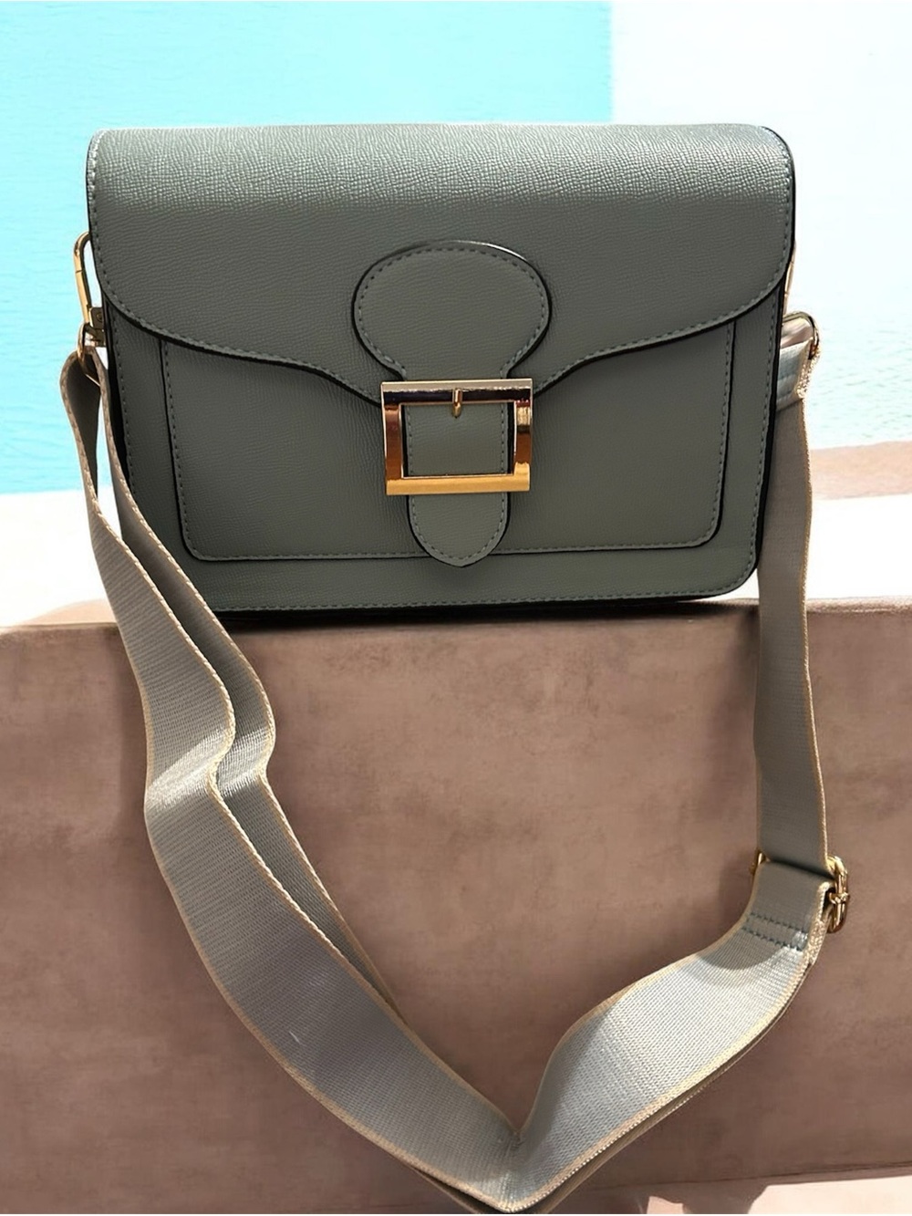 Light Blue Vegan Leather Crossbody Bag with Gold Buckle